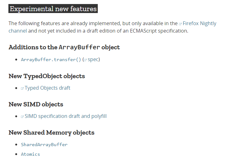 A screenshot from September 3, 2017. It is a list of JavaScript’s experimental features that are not a part of ECMAScript (at least not yet).